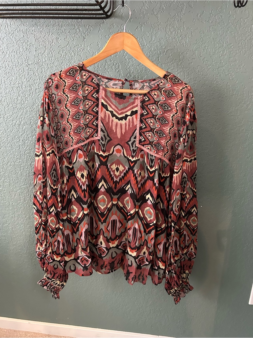Bl^nk London Tiara Long-Sleeve Boho Blouse in Dark Pink Ikat Pattern